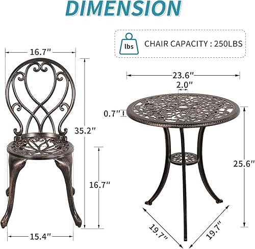 Miniatura 6 de Verano Garden Juego de 3 piezas de bistró para exteriores, juego de bistró de aluminio fundido resistente al óxido, acabado antiguo, mesa y sillas