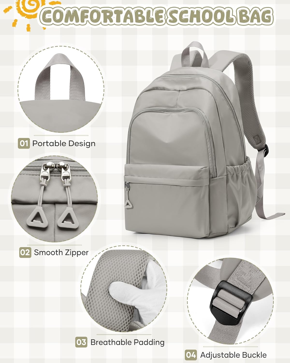 winspansy Backpack for School Teenage Girls Boys,Waterproof Lightweight School Bags Travel Daypack Simple Cute College Backpack Rucksack for Women Men fit 14 Inch Laptop,Grey Brown