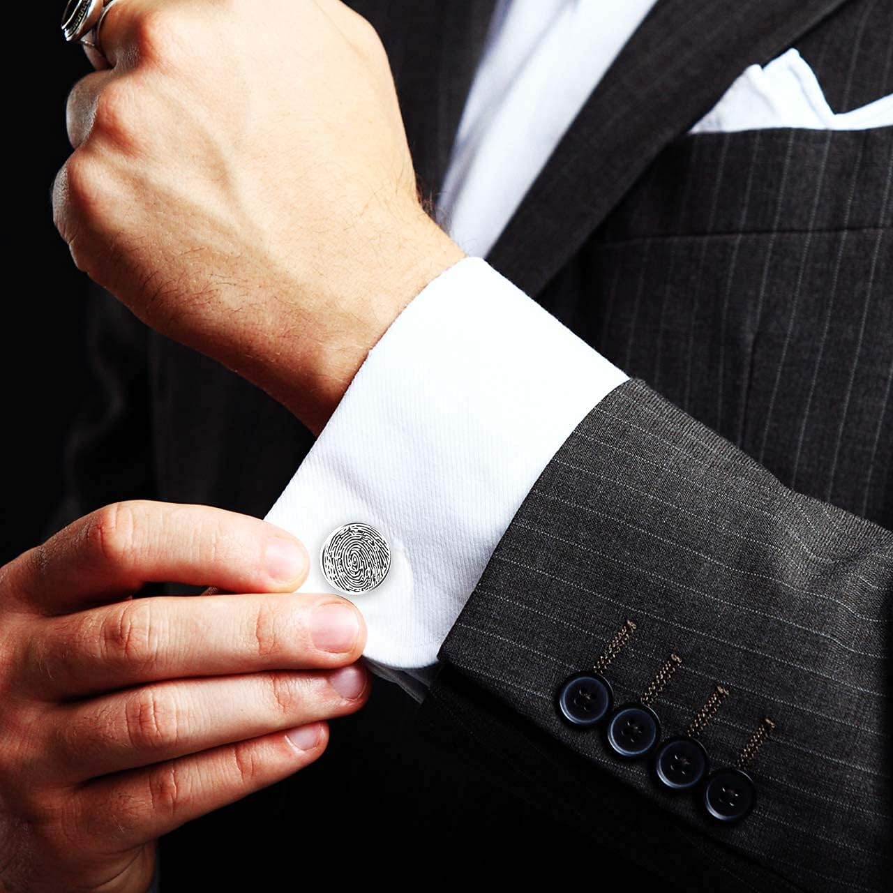 LeCalla Personalized Customized Men's Fingerprint Round Shaped Cufflink