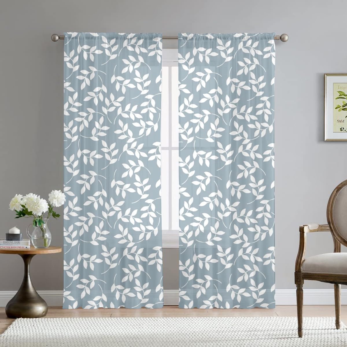 Hixingo Cortinas Translucida Salon Cocina, Dormitorio, Cortinas Opacas Transparente, Cortina Opaca con Bolsillo, Estampado de Hoja Visillos Dormitorio (Azul Claro,108x215cm)