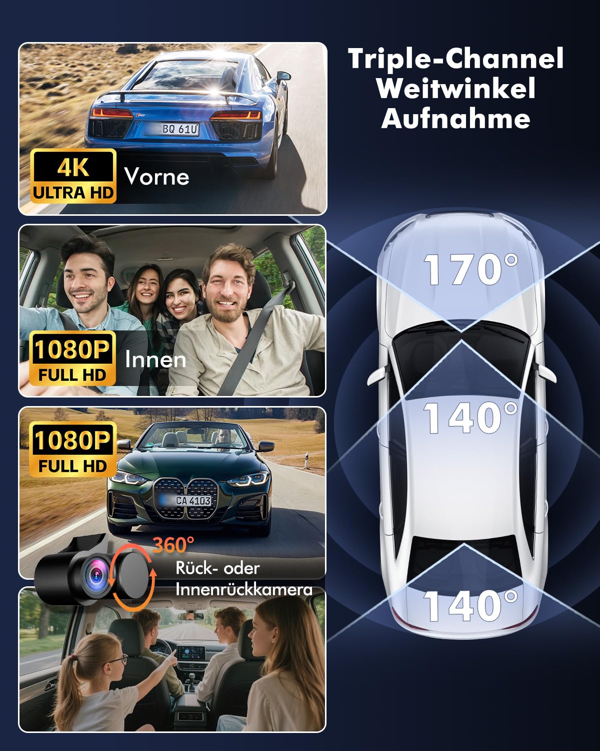 3 Kanal Dashcam Auto 4K UHD, GPS WiFi 6, 24H Parküberwachung, 64GB | 3-Wege Aufnahme vorne/innen/hinten, HDR Nachtsicht, G-Sensor, Loop-Aufnahme, ideal für Alltag und Berufsfahrer
