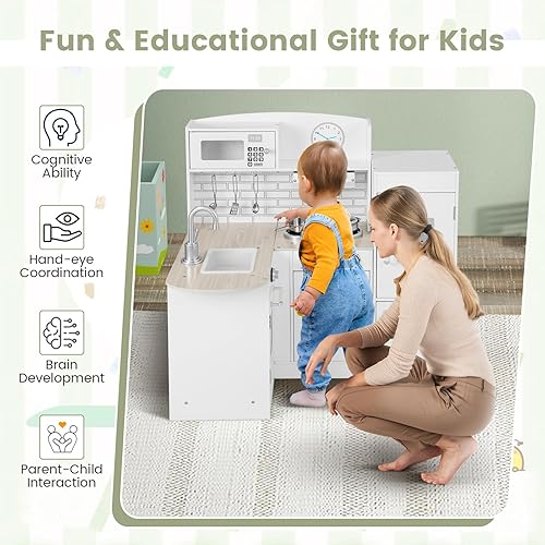 Miniatura 5 de Costzon Juego de cocina esquinera para niños, juego de cocina de madera 8 en 1 con microondas realista, horno, estufa, refrigerador, campana