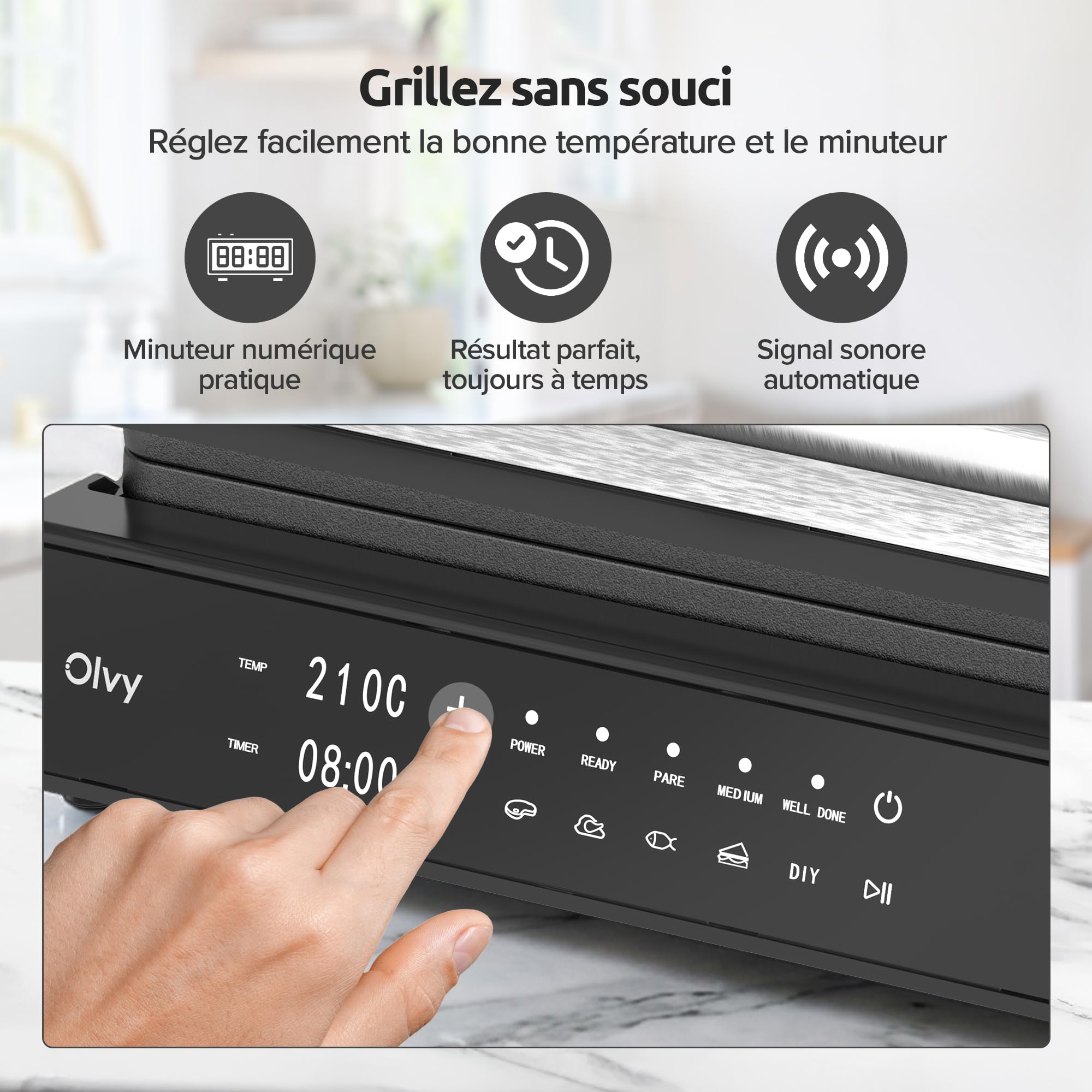 Olvy Grill de Contact 2000W Écran Tactile Sans PFAS 5 Programmes Automatiques Ouverture 180° Plaques Amovibles Antiadhésives Thermostat Minuteur Panini Croque Monsieur Steak