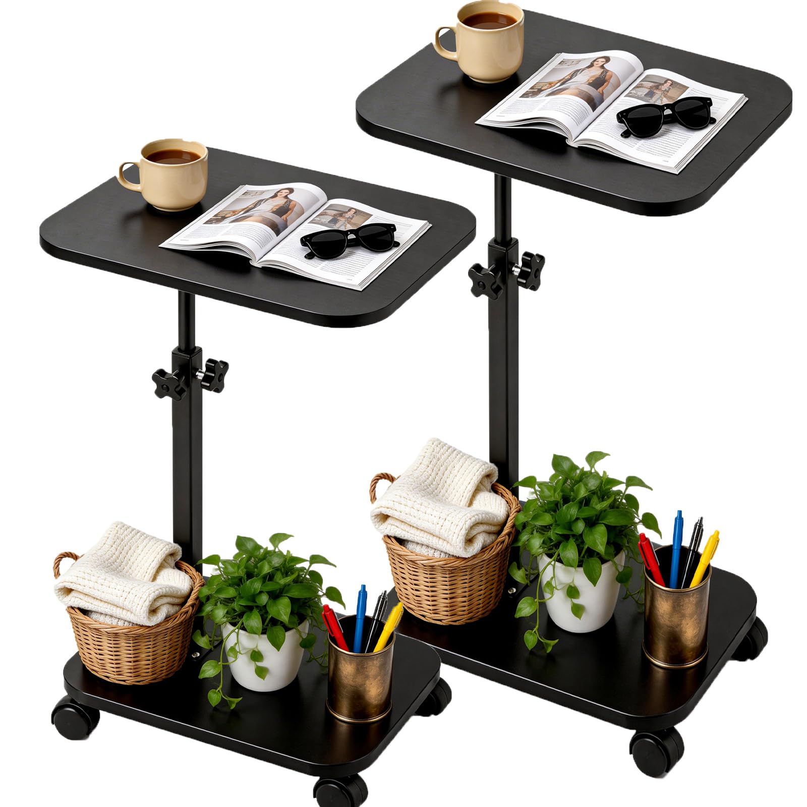 2PCS Side Table with Wheels, C-Shape Sofa Desk Height Adjustable Swivel Sofa Table 360° Rotating Tray Space-Saving Coffee Snack and Bed End Table for Living Room Bedroom Bedside Couch (Black)