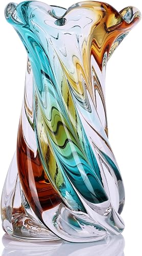 Hand Blown Glass Vase, Gradient Wide Mouth Vase, Unique Glass Art Decorative Vase for Living Room Coffee Table, Dining Table Centerpiece, Office, Bookshelf, TV Stand, and Entryway Console Decor.