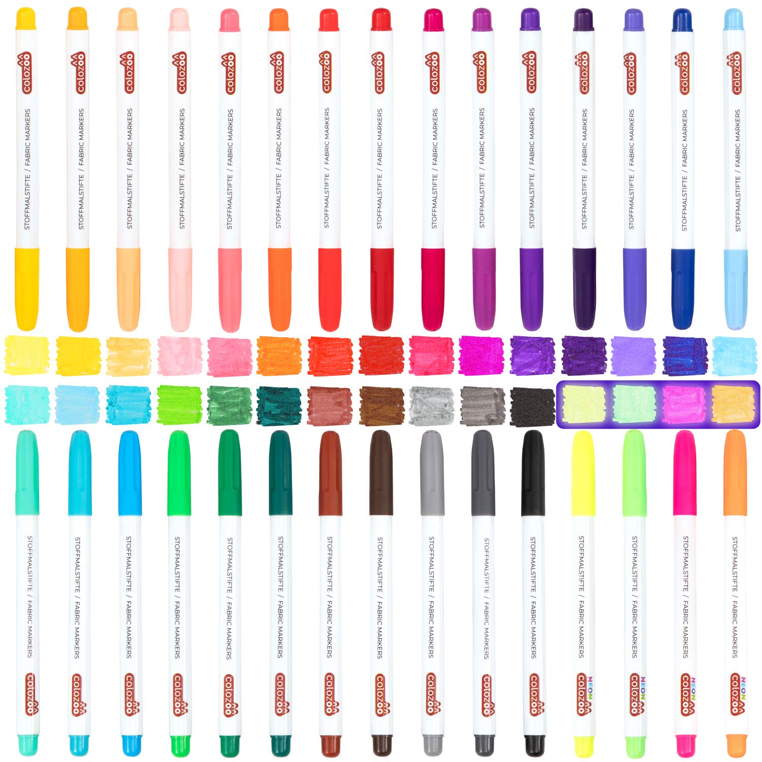 colozoo Textilfarbe & Textilstifte Set für Kinder & Hobby-Künstler | 44-teiliges Stoffmalfarben Bundle Waschmaschinenfest inkl. Neon & Metallic Farben