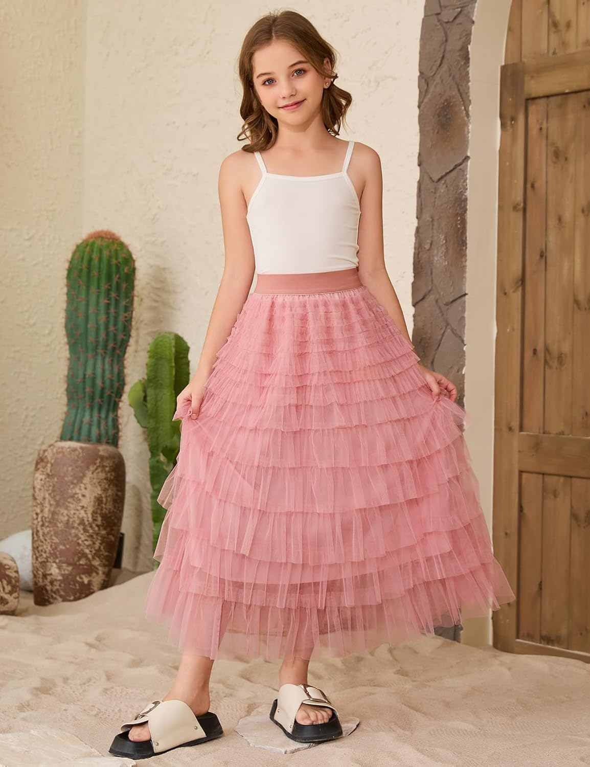 Flygo Tulle Skirts for Girls Long Tutu Skirt A Line Layered Ruffle Tiered Mesh Maxi Skirt Petticoat 5-14 Years - Image 7