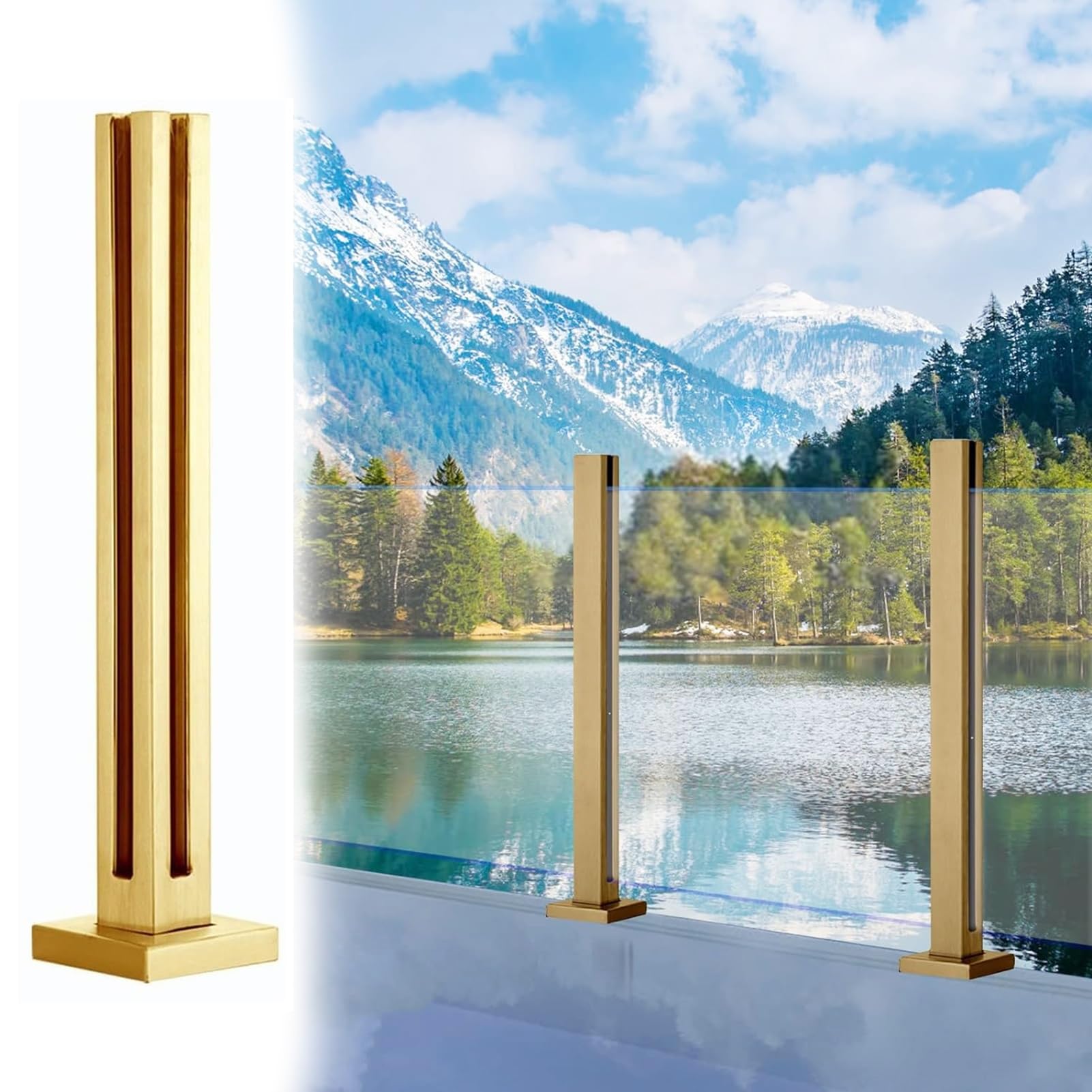 Garde-corps en verre doré chic de 110 cm avec poteau carré gris de haute qualité