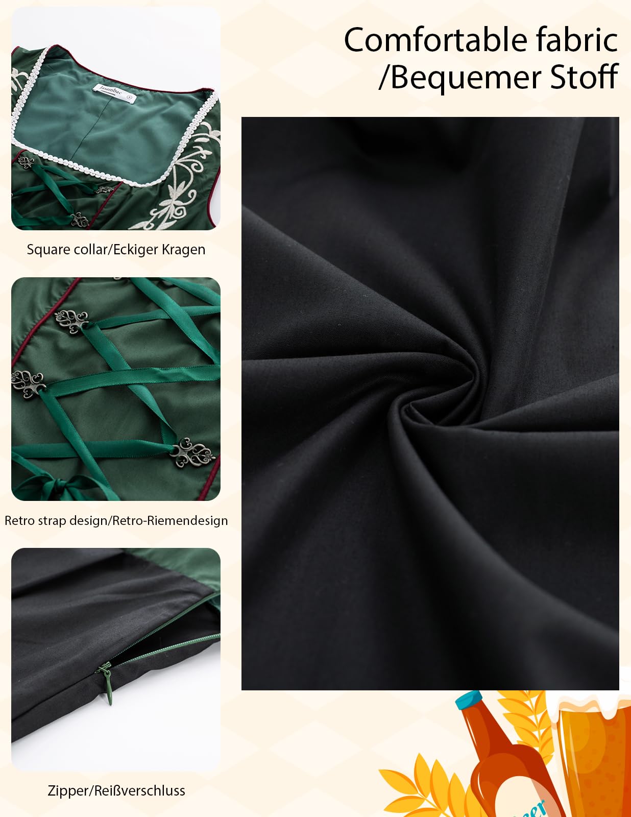 JASAMBAC Vestido tirolés para Mujer, 3 Piezas, Oktoberfest, Traje tirolés, Vestido tirolés, Carnaval, Oktoberfest, Fiesta