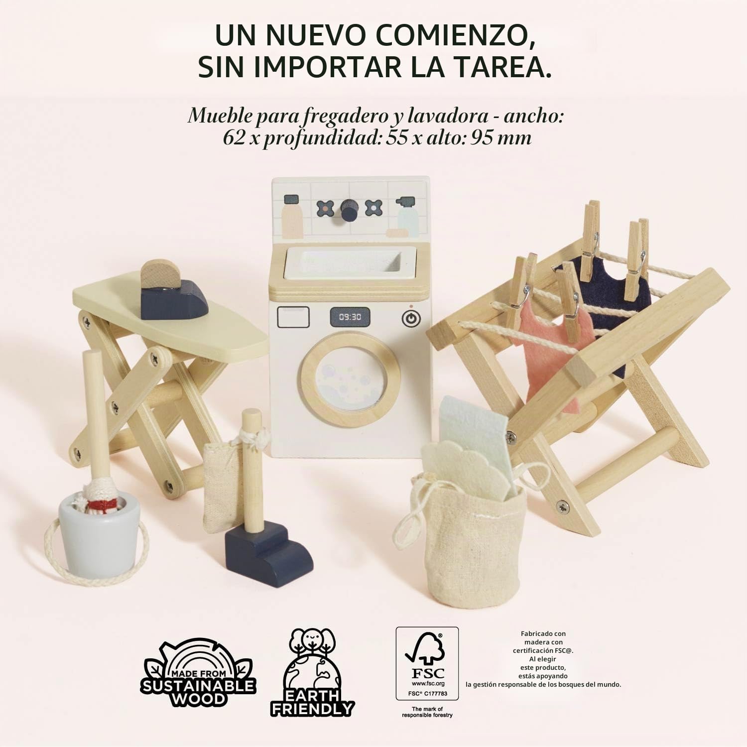 Le Toy Van - Set Lavadero de madera con accesorios | Set accesorio de casitas de muñecas de madera colección Daisylane | A partir de 3 años +