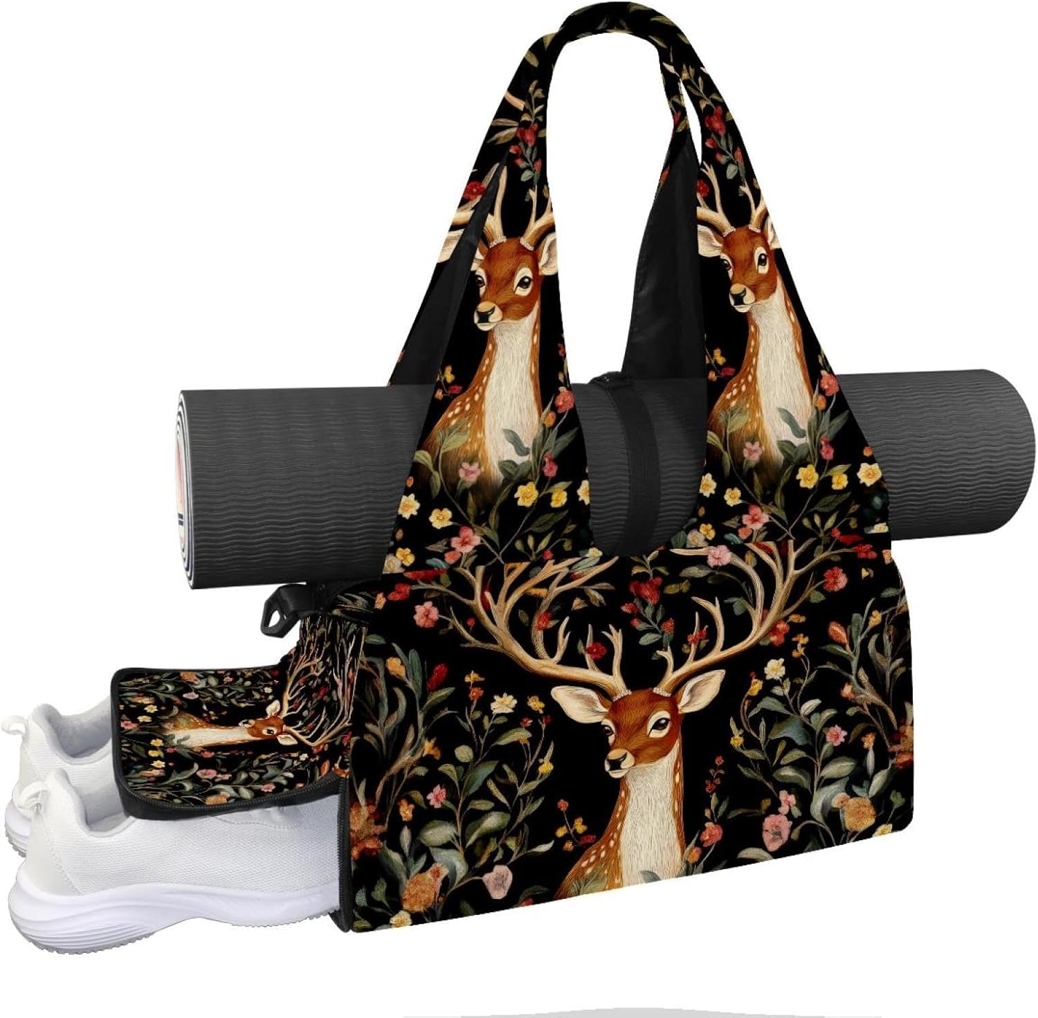 Gym Bag for Women, Tropical Flower Yoga Mat Bag with Shoe Compartment, Sport Yoga Gym Bag with Yoga Strap, Carryall Yoga Tote Bag
