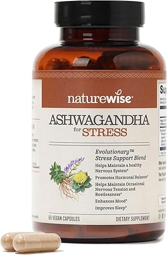 NatureWise Ashwagandha para el estrés - Con extracto de Ashwagandha KSM-66 + GABA + L-teanina + Rhodiola Rosea - Soporte a base de hierbas para el