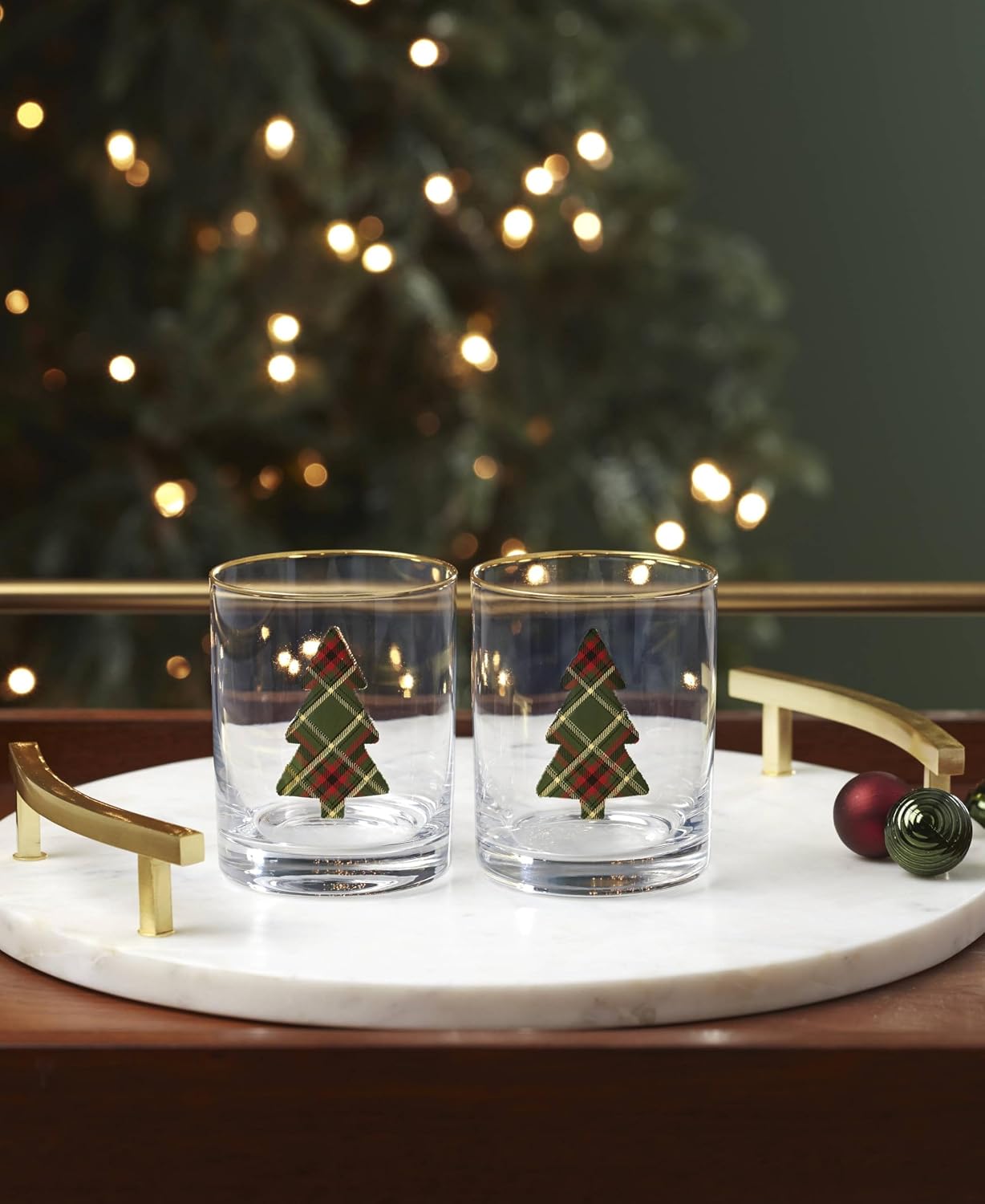 Cambridge 897613 13 Oz Plaid Evergreen Tree DOF Glasses, Set Of 2