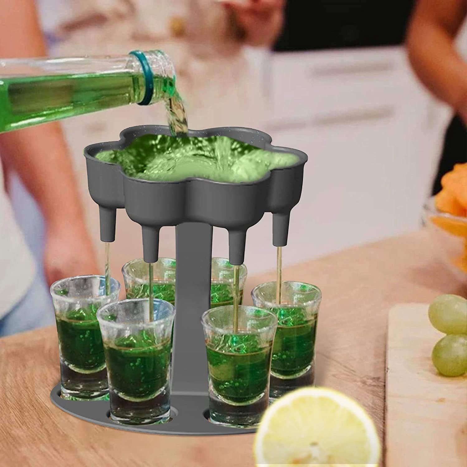6 Shot Glass Dispenser -dispensers for filling liquids,bar glass bottle dispensers, cocktail dispensers, outdoor wine glass holders,party new convenient pourers (distributor + wine glass-(gray-1pcs)