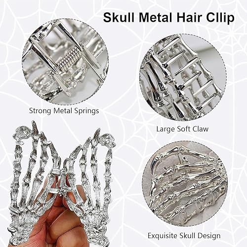 Miniatura 3 de Pinzas de metal plateado con diseño de mano fantasma, pasadores y abrazaderas de pelo grueso para mujeres, decoración de Halloween, fiesta de