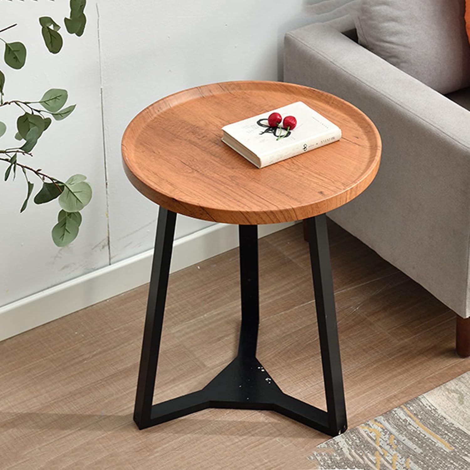 Side Table/End Table,Round Coffee Tables, Rustic Wood and Metal Simple Industrial Modern Center Table Walnut Modern Night Stand,Natural Wood Color