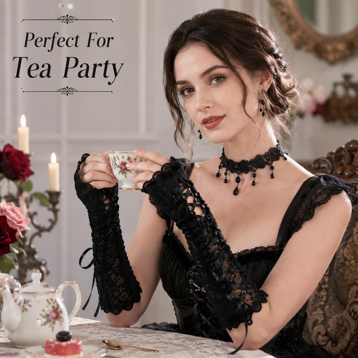5 Pairs Women Lace Gloves Black Gothic, Fingerless Gloves with Floral Ruffle Bow Long Tulle and Sleeve, Elegant Glove for Tea Party Costume