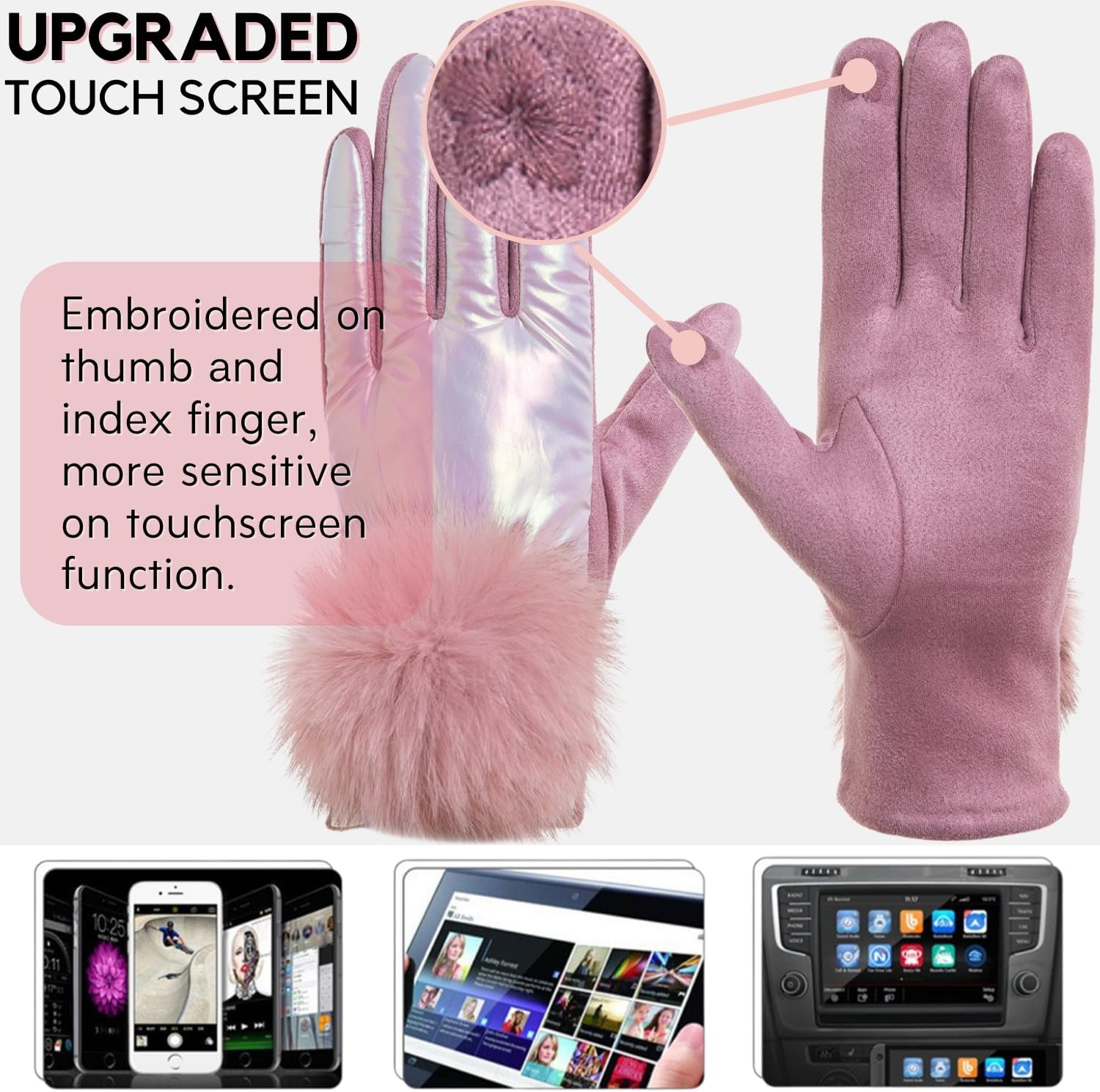 F Flammi Women's Winter Suede Gloves with Fur Cuffs - Soft, Warm, Touchscreen, Fleece Lined - Image 3