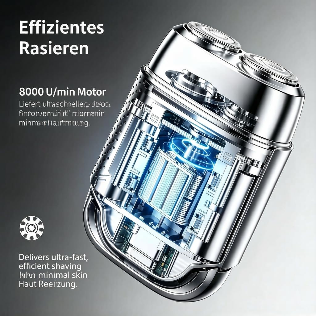Skyworth Metz Elektrorasierer Herren, IPX7 Nass-Trocken Rasierer 8000 RPM, Magnetischer Scherkopf, Doppelring-Folien, 60 Min Laufzeit, 1h Schnellladung USB-C, Schwarz
