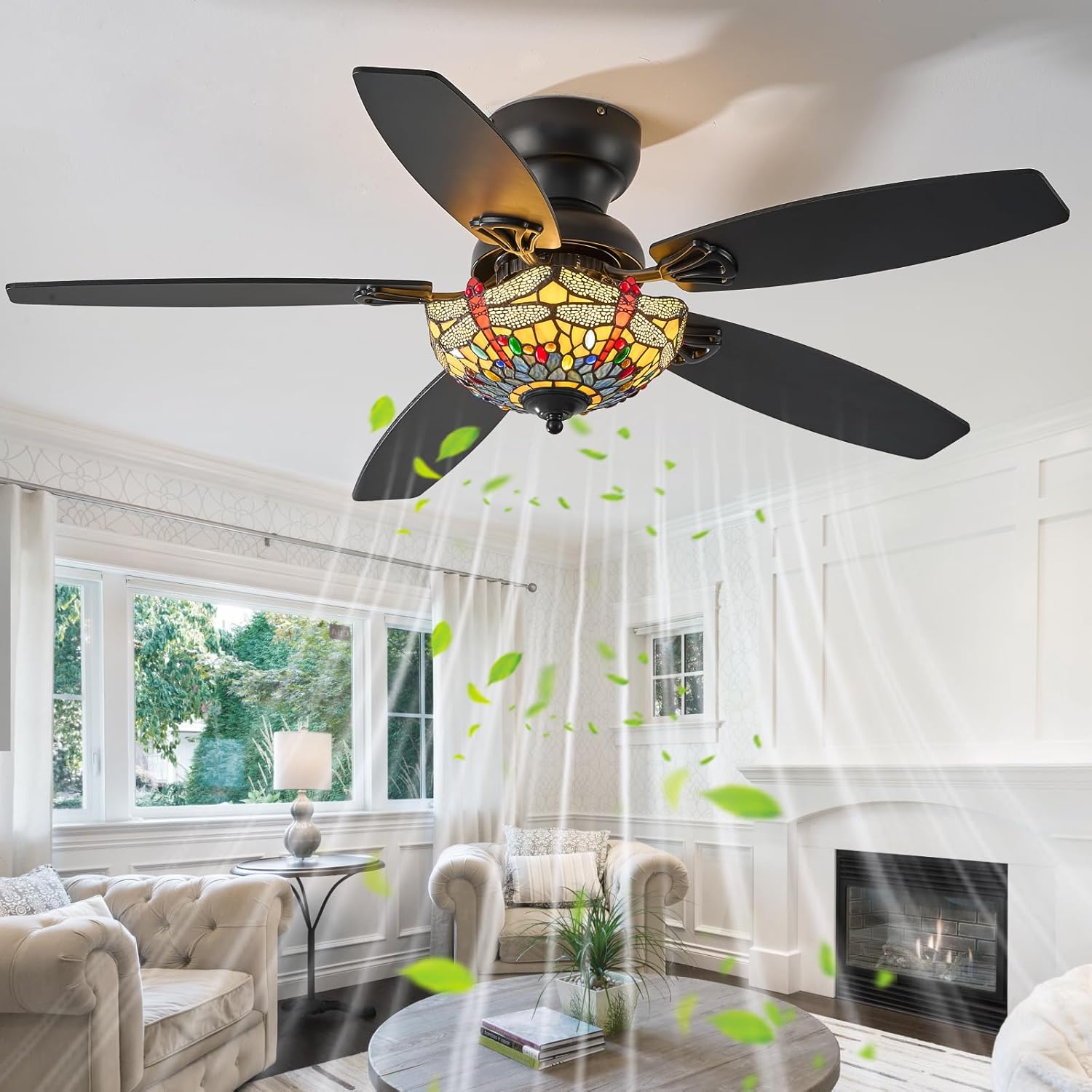 Tiffany Ceiling Fans with Lights - 48" Ceiling Fan Chandelier with 5 Dual-Blades and Glass Shade, 6 Speeds and Reversible, Indoor and Outdoor, Retro Style