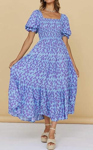 Miniatura 2 de PRETTYGARDEN Vestidos de verano con estampado floral bohemio para mujer, cuello cuadrado, manga abombada, acampanado, vestido largo casual fruncido