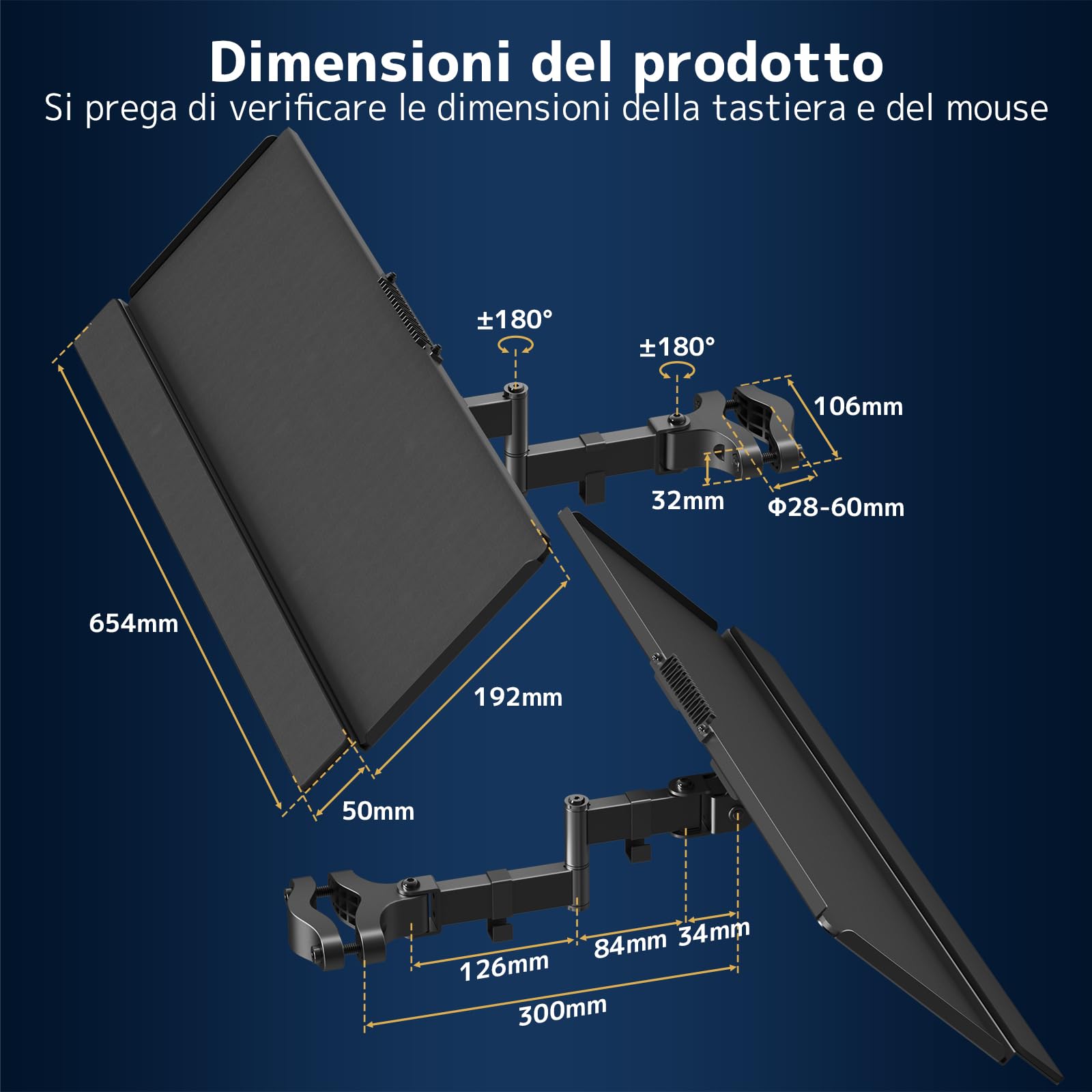 Supporto Tastiera da Palo 65,4 × 19,2 cm – Vassoio Tastiera Universale per Ø 28–60 mm, Rotazione 360° e Inclinazione Regolabile, Piattaforma Ergonomica con Gestione Cavi, Nero