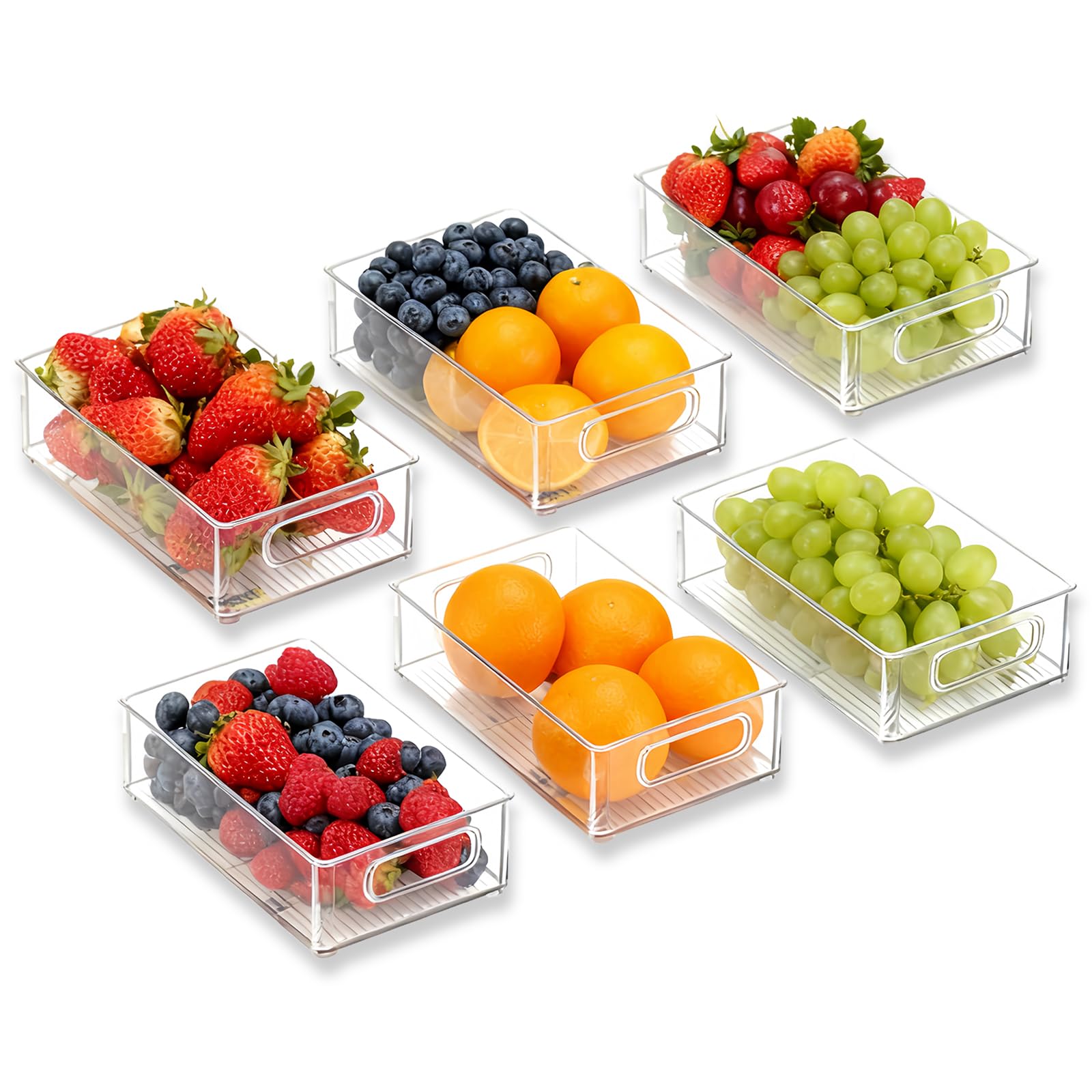 Meetoz Transparent Stackable Fridge Organisers 6 Pack (3 Sizes), Clear Fridge & Cabinet Organiser, Storage Containers With Handles, Multifunctional Kitchen Cupboard Organiser For Pantry, Freezer, Cabinet, Drawer