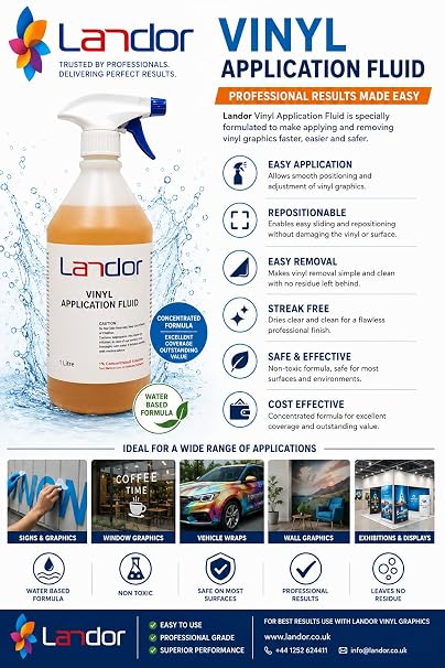 Landor Liquid Lamination Window Application Fluid 1 Litre – Wet Apply Solution for Vinyl Graphics, Decals, Stickers & Window Film – Bubble Reduction, Fast Drying, Water Based