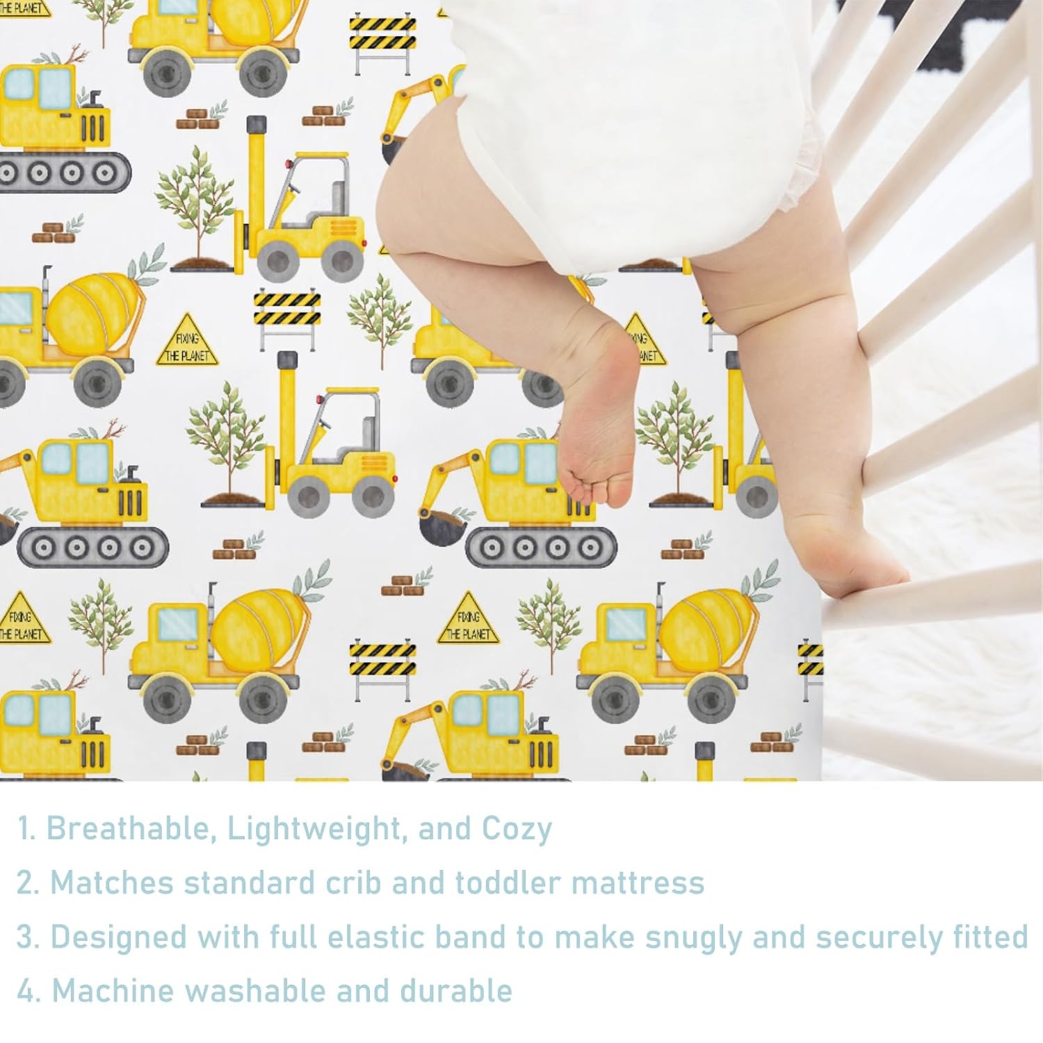 Construction Truck Excavator Tractor Trees Baby Crib Sheet 52''x28'' Cute Construction Trucks Plants Fitted Crib Mattress Sheet for Boy Girl Soft Nursery Bed Sheets for Standard Crib Toddler Mattress