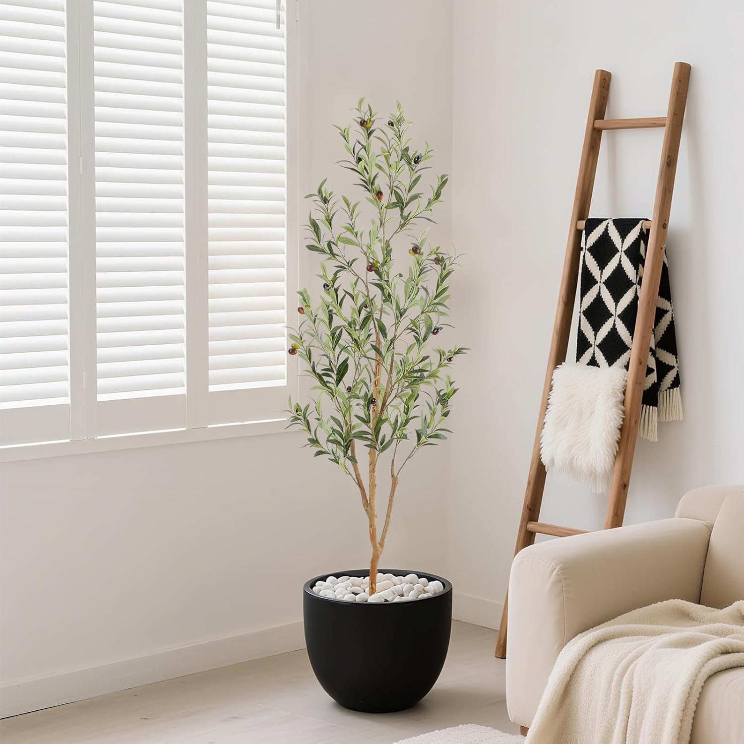 Bellacat Faux Olive Tree 5ft，Olive Trees Artificial Indoor with Natural Wood Trunk and Realistic Leaves and Fruits. 5 Feet(60in) Fake Olive Tree for Home House Office Décor. - Image 5