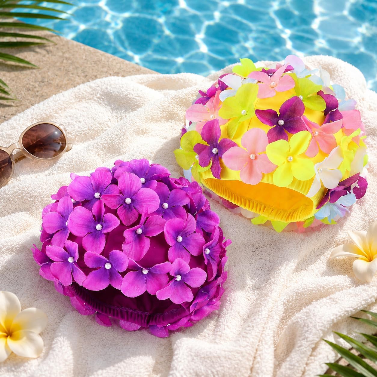 FAVOMOTO Badekappe Blumen: Badekappe Damen - 2pcs Badekappen für Schwimmer für Damen Handbuch Strass Floral Blütenblatt Retro Schwimmen Gap Badekappen Frauen Blumenblumenblatt Schwimmen