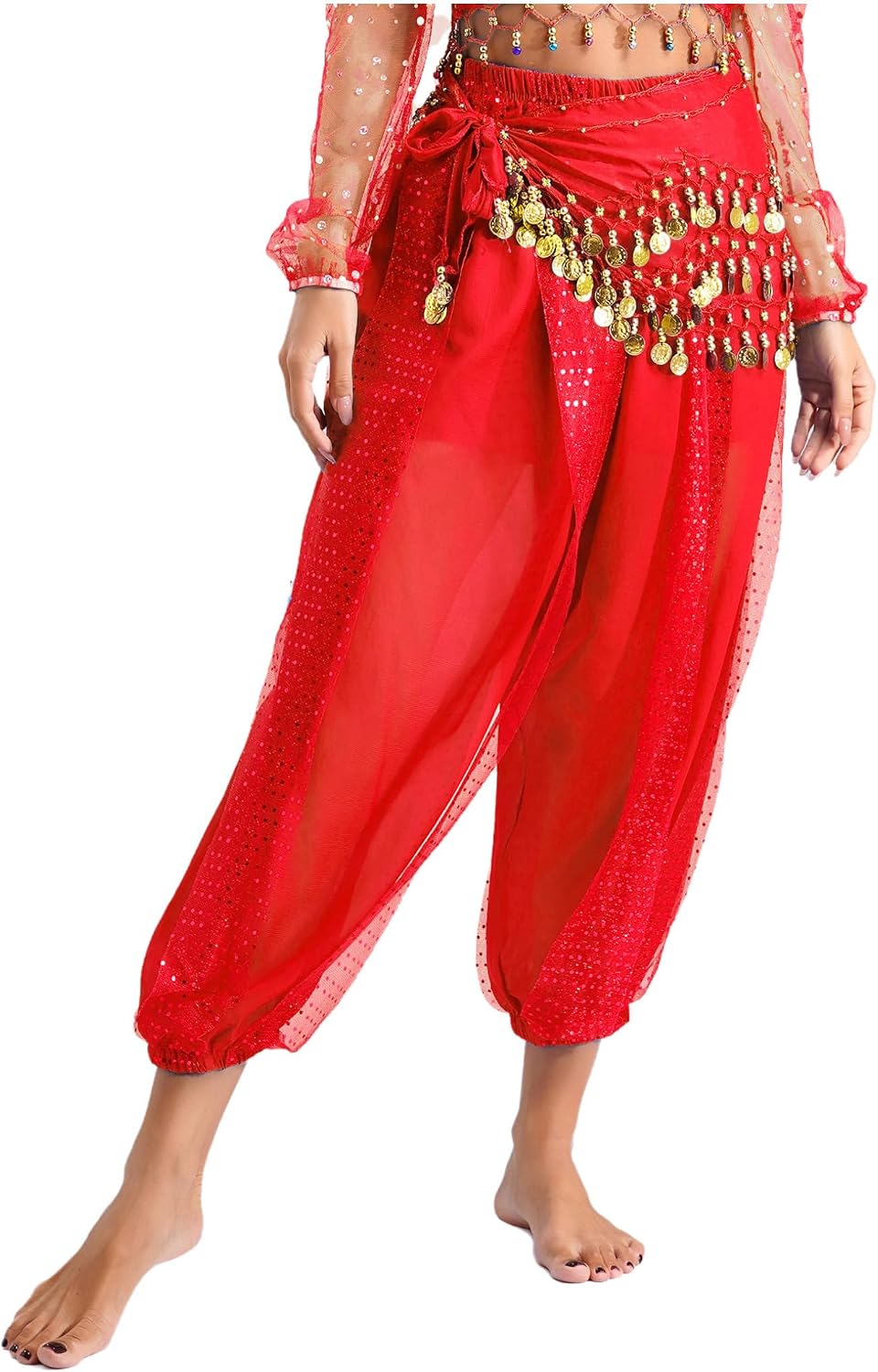 ACSUSS Women Belly Dance Pants Loose Belly Dancing Costume Halloween Bloomers Pants with Hip Scarf