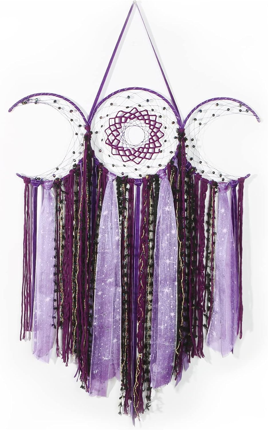 ANROYE Purple Triple Moon Goddess Macrame Wall Hanging, Boho Wiccan Crescent Dream Catcher, Bohemian Dreamcatcher for Women,Woven Pagan Tapestry Decor for Bedroom Witch Decoration