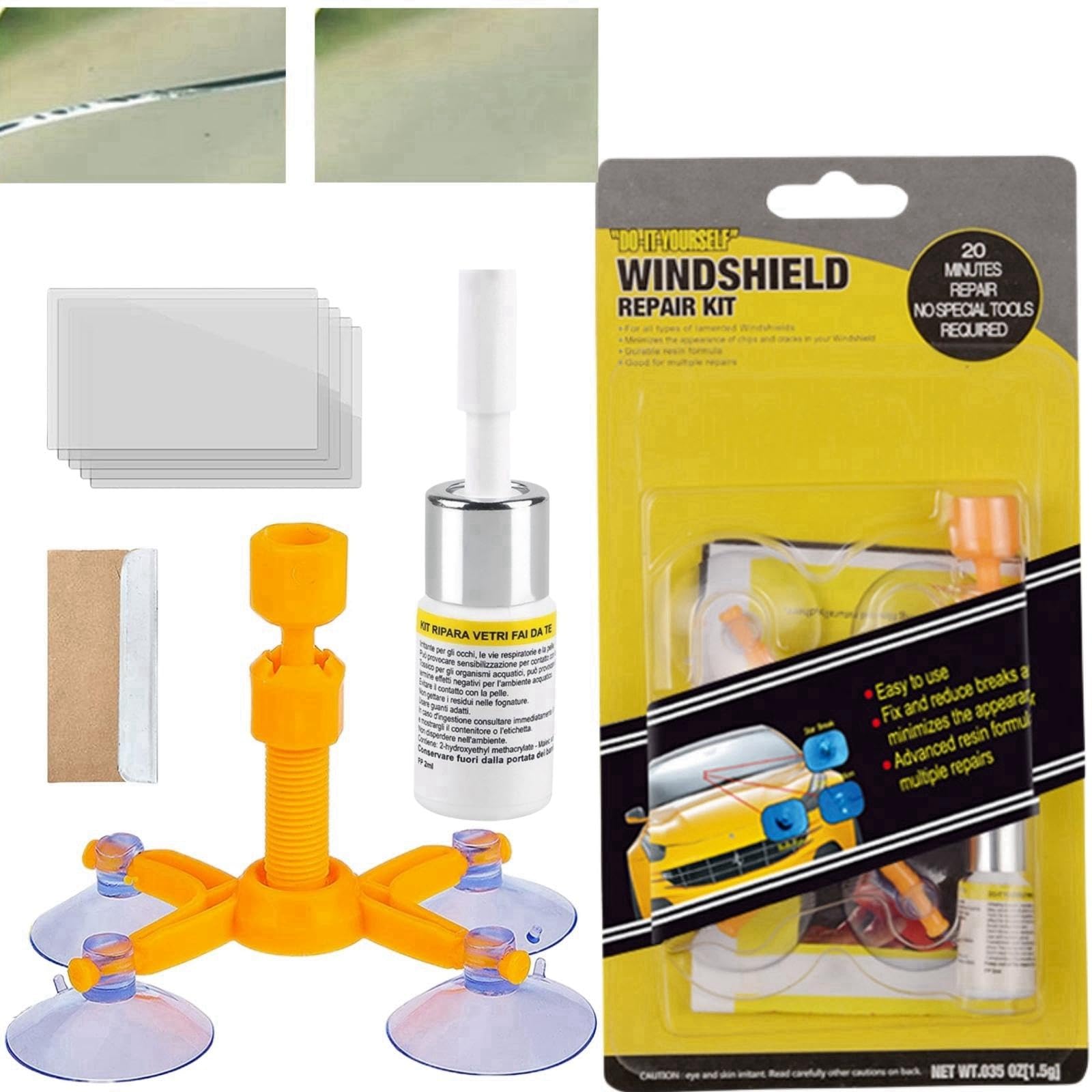 Car Windscreen Repair Kit,Glass Repair Fluid,Windshield Repair Kit, Cracked Glass Repair Kit,Glass Crack Chip Resin Repair Liquid,Glass Scratch Remover Fix for Chips,Bulls-Eye,Star-Shaped,Half-Moon