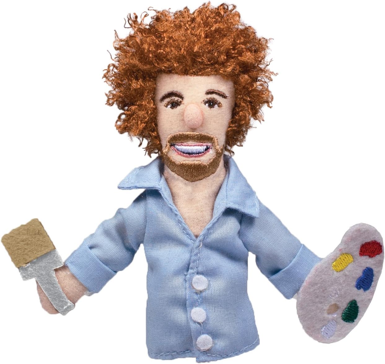 Small plush finger puppet of a bearded figure with curly hair, wearing a light blue shirt and holding a paintbrush and a painter’s palette.