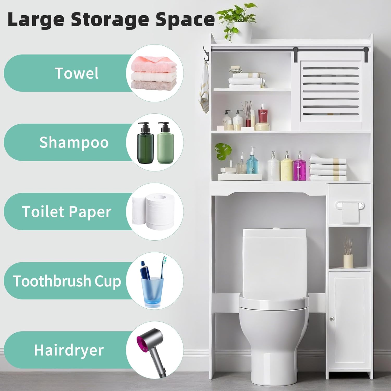 Over The Toilet Storage Cabinet, Bathroom Storage Cabinet Organizer, Above Toilet Rack with Door and Adjustable Shelves, Space Saver for Restroom, Laundry (White Left Side)