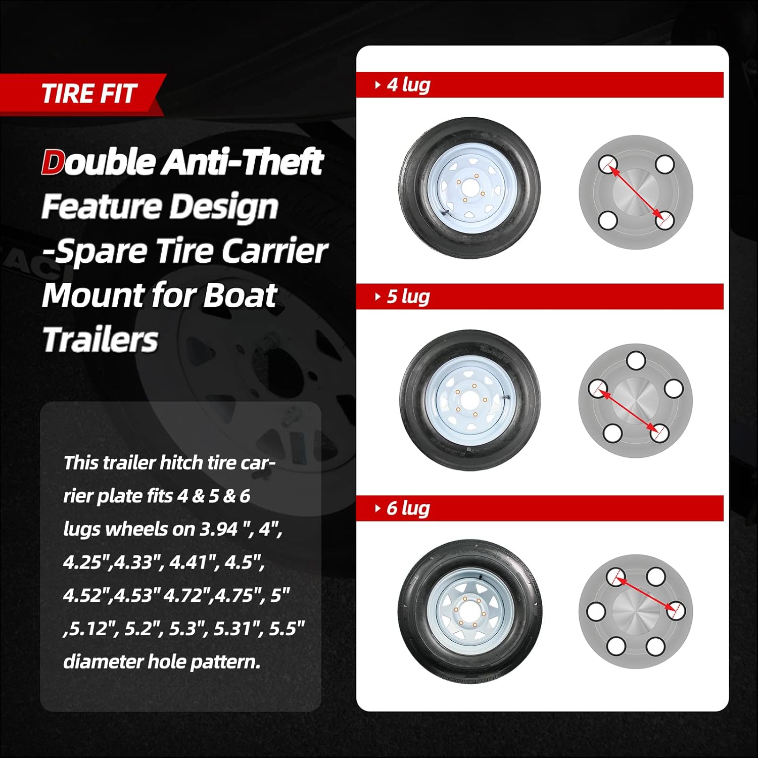 TKKEUEP Spare Tire Carrier,Powder Coat Steel Trailer Spare Tire Mount, Spare Tire Mount Bracket for Trailer Double Anti-Theft Feature Design