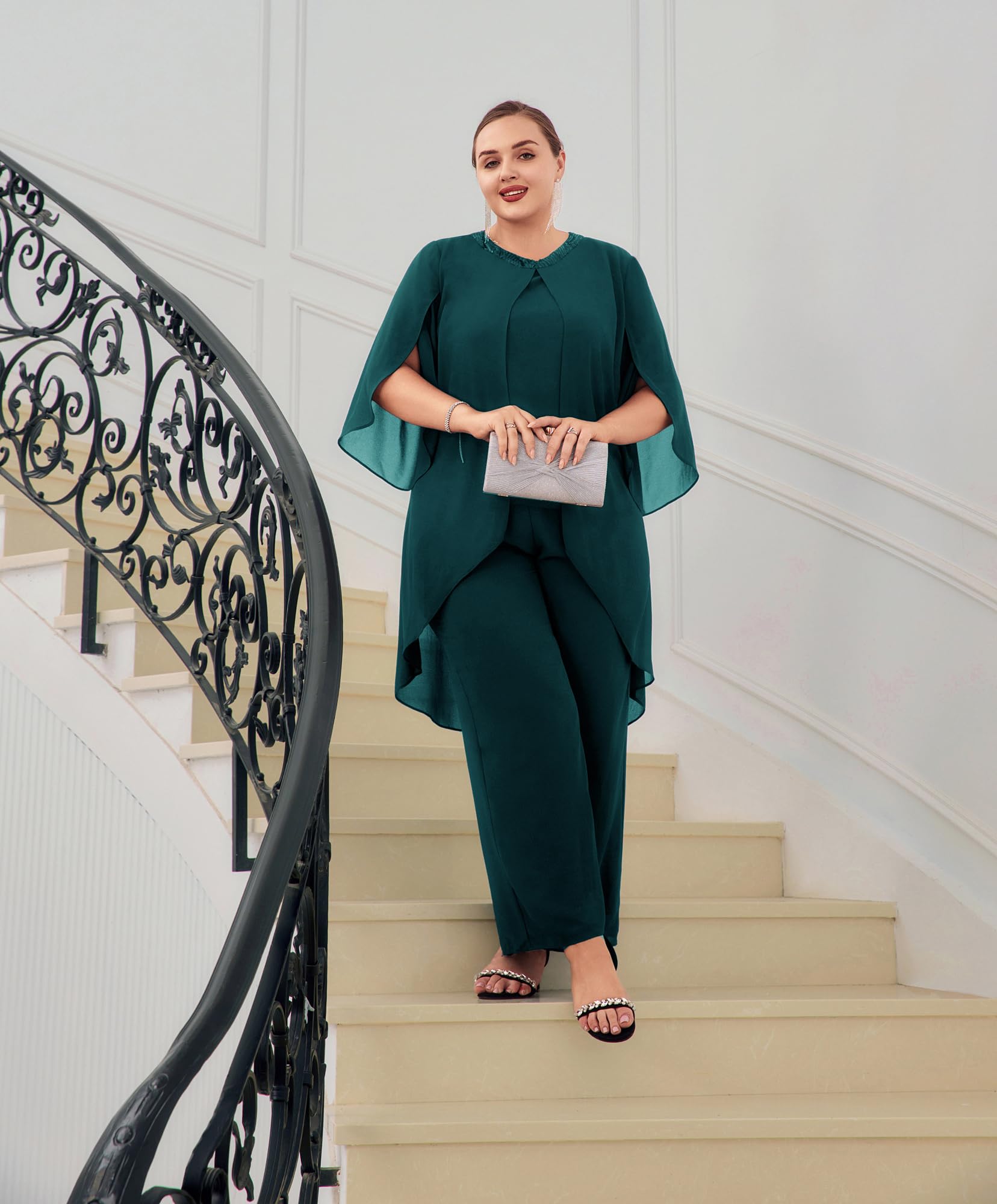 Hanna Nikole Damski strój wieczorowy w dużych rozmiarach, szyfonowy, elegancki, dwuczęściowy, odświętny strój, dla gości weselnych, na uroczystość, moda wieczorowa, cekiny, okrągły dekolt, wysoki