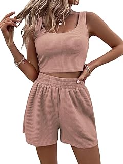Conjunto de 2 Piezas Verano Mujer Casual Top Sin Mangas Colores Sólidos Acanalados y Cortos Cintura Alta Chandal Completo