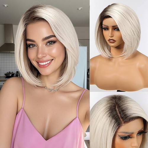 HAIRCUBE Ombre White Highlight Synthetik-Spitzenfrontperücke, 30 cm schulterlang