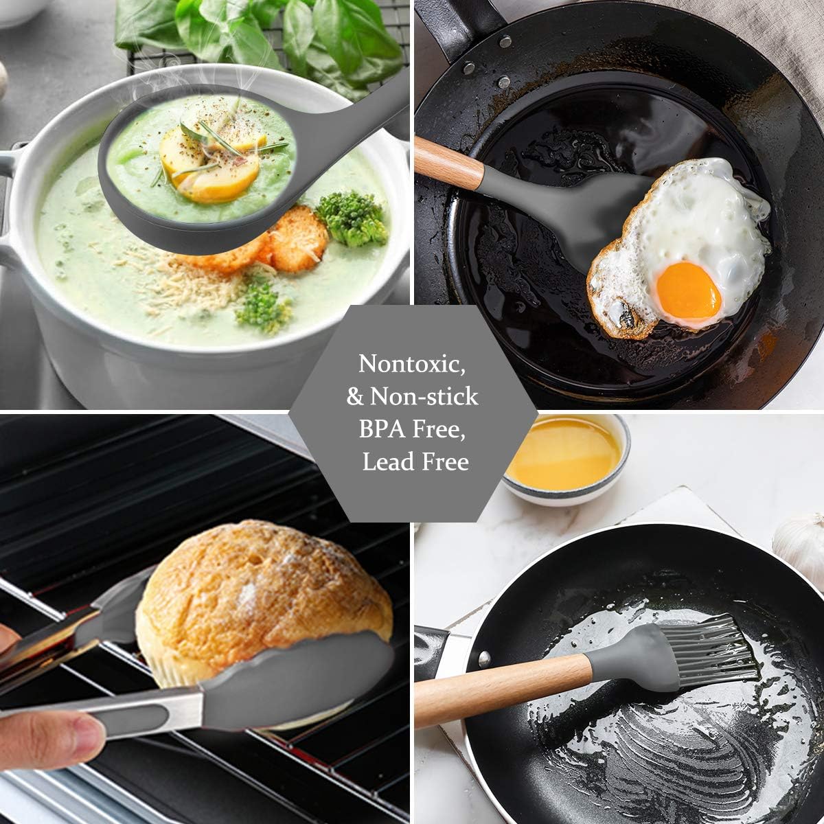 Silicone Cooking Utensil Set, 26 Pcs Kitchen Utensils Cooking Utensils Set by Fungun, Non-stick Heat Resistant Kitchen Gadgets Cookware with Natural Wooden Handle -(Gray) : Home & Kitchen