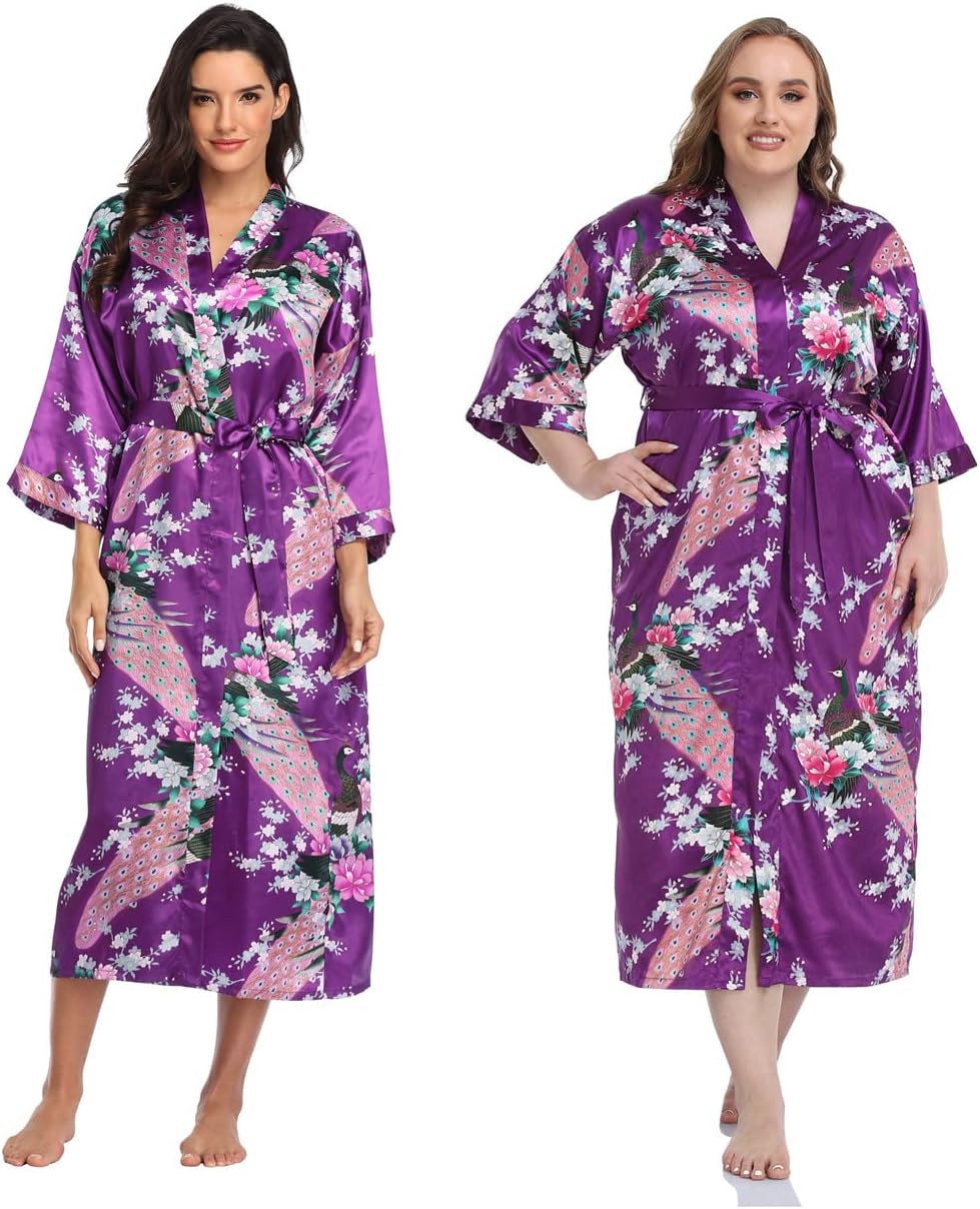 Super Shopping-zone Women's Floral Long Silk Kimono Robes Satin Dressing Gown Peacock Blossoms