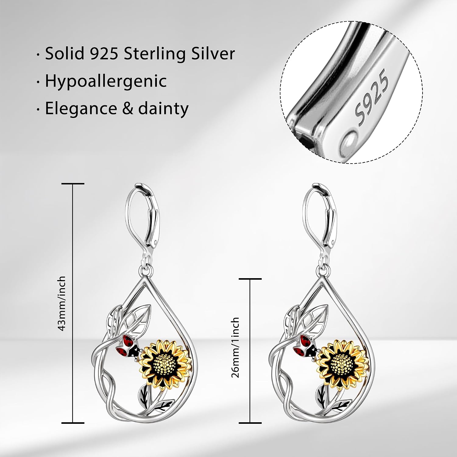 Silver Dangle Earrings for Women White Gold Plated Leverback Sunflower Dangle Drop Earrings Handmade Jewelry Gifts