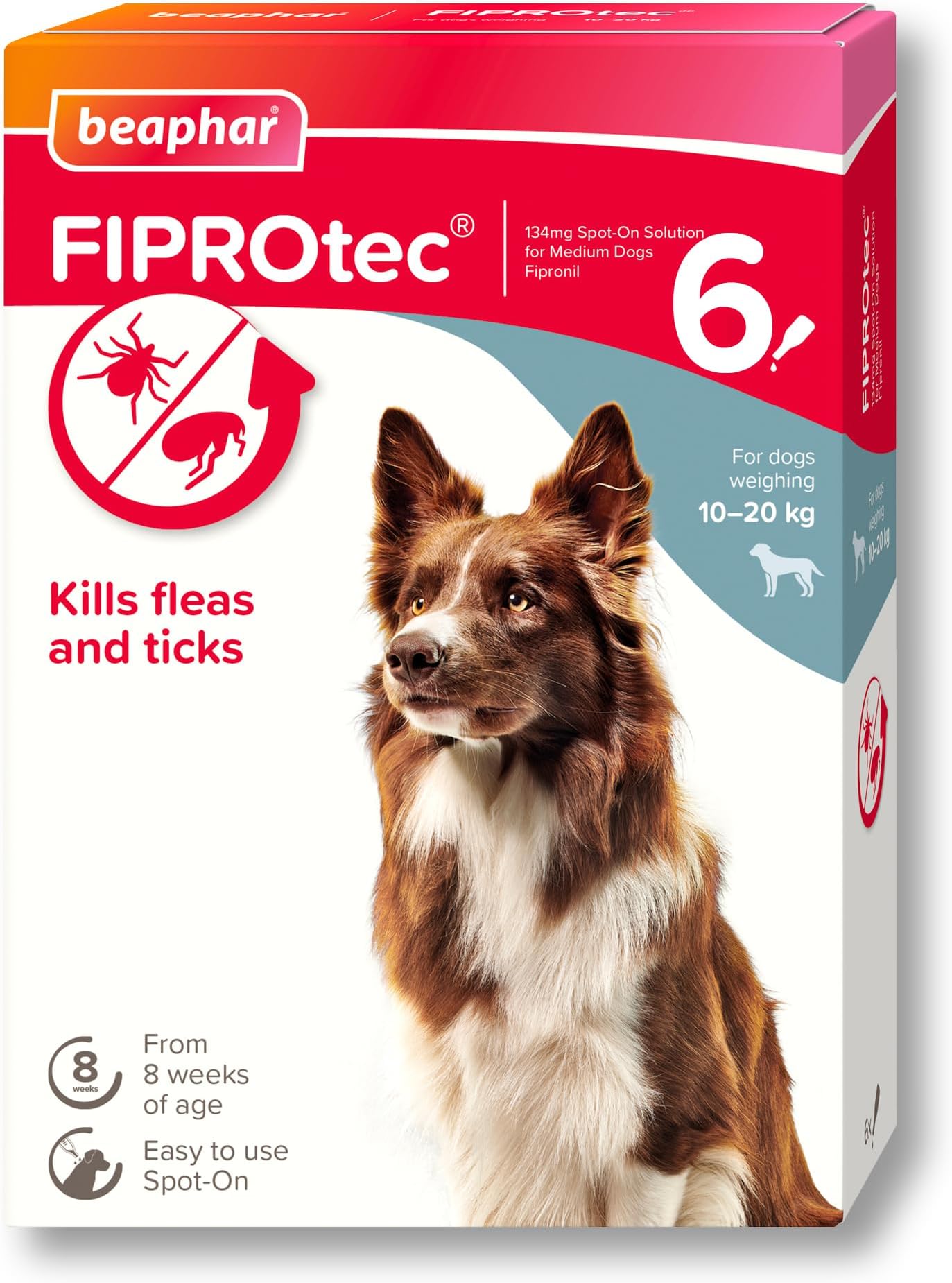 Beaphar - FIPROtec Spot-On Flea & Tick Treatment for Medium Dogs 10-20kg - 6 Pipettes - Kills Fleas & Ticks โ Veterinary Medicine - Easy to Apply Monthly - Suitable for Dogs & Puppies from 8 Weeks