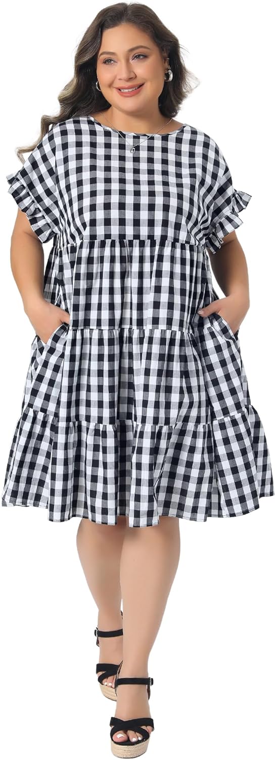 Agnes Orinda Plus Size Gingham Dresses for Women 1950s Plaid Round Neck Ruffle Sleeve Tiered Babydoll Midi Dress with Pocket - Image 3