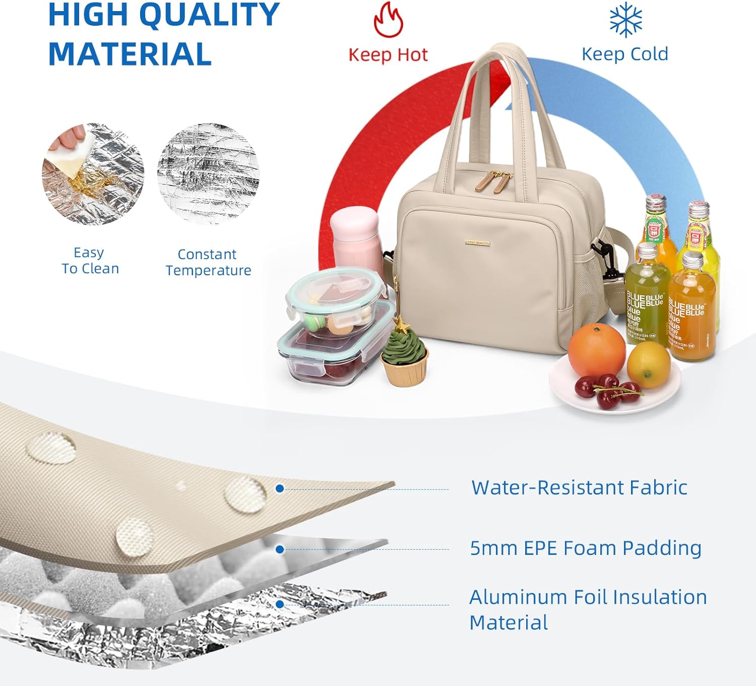 Insulated Lunch Bags for Women,Lightweight Puffy Padded Waterproof Lunch Tote,Reusable Lunch Cooler Bag for Work Picnic Travel,Apricot