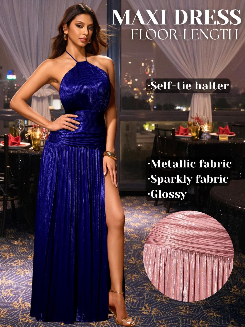 Kaei&Shi Metallic Pleated Dress,Halter Formal Cocktail Dresses with Slit,Sparkly Long Evening Gowns for Women - Image 4