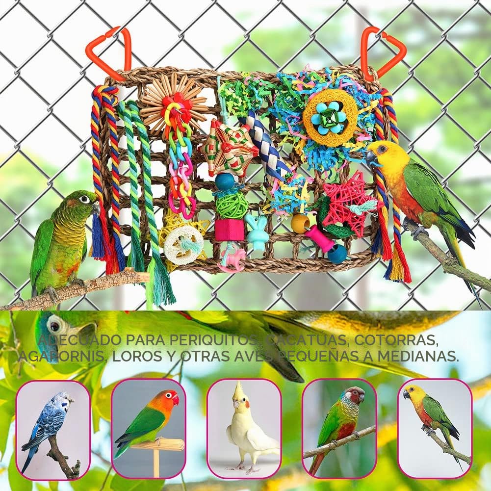 YIXUND Juguetes de forraje de pájaros para periquitos cacatúa, conures de cacatúa, agapornís, trituración de pastos marinos, pared con varios juguetes para pájaros