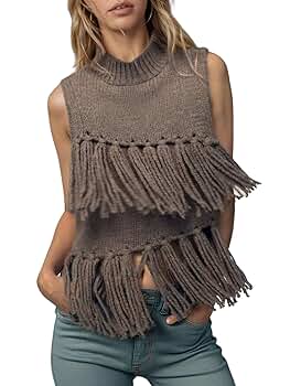 Joiemont Womens Fringed Knit Vest Top Solid Tassel Vest
