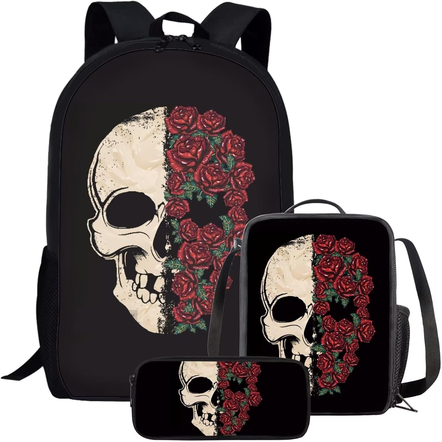 Kids Rose Skull School Backpack Set for Girls Boys Personalized Graphic Print Black Bookbag Student Lightweight Comfy Padded Aesthetic Backpack with Lunch Box Pencil Bag
